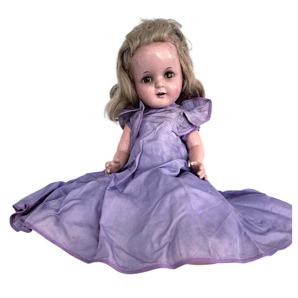 Rare 1950s German Hard Plastic Doll 18" Original Taffeta Gown & Lace Bloomers